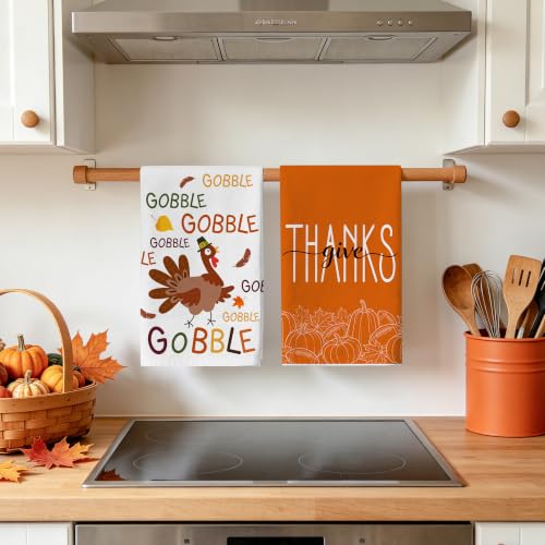 Image of Hexagram Thanksgiving Kitchen Towels Set of 2, Turkey Thanksgiving Decorations for Home, Gobble Hand Towel for Bathroom, Give Thanks Dish Towel