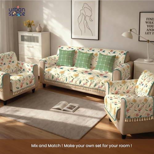 Image of Urban Space 1 Seater Microfiber Quilted Sofa Cover mat with Tassels, Non-Slip Sofa Protector, Easy Care & Machine Washable Cover, Sofa Seat Runner for Couch for Living Space (1 Seater - Petal pop)