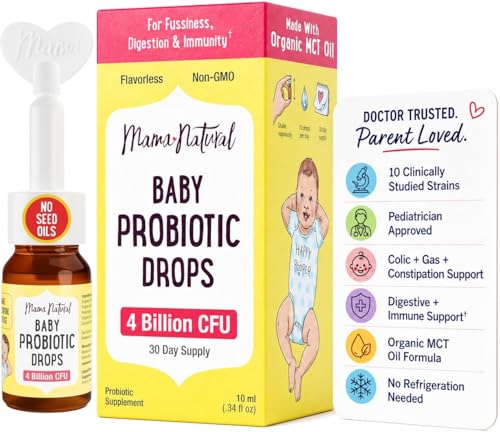 Mama Natural Baby Probiotic Drops | Pediatrician-Approved Infant Probiotic Colic Drops – Infant Gas, Constipation, Fussiness & Immune Support Supplement – 10 Strains & 4 Billion CFU with MCT Oil