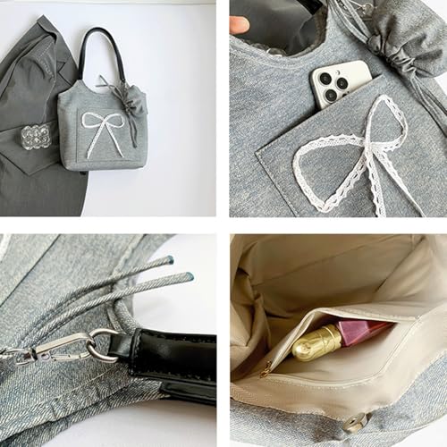 Bow Purse 2 Pcs Denim Bow Purse with Wallet Jean Tote Bag with Mini Drawstring Pouch Trendy Shoulder Bag Gifts2
