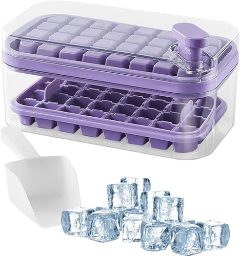 Image of Homecloud 2-Layer Ice Cube Tray with Lid & Bin - BPA-Free Square Ice Cube Molds with Scoop, Easy One-Tap Release, Space-Saving Ice Storage Container, Makes 64 Cubes (Purple)