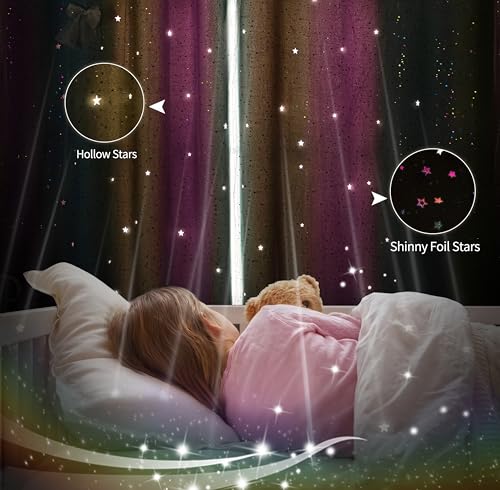 Image of 2-in-1 Double-Layer Kids & Girls Unicorn Princess Ombre Blackout Curtains with Foil Print Sheer, 2 Panels Set for Bedroom, Nursery, Living Room - Yellow Purple Blue, 34W x 63L
