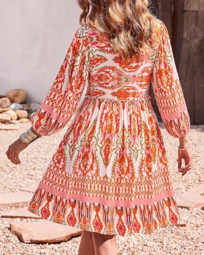 Image of BTFBM Women Casual Spring Summer Dresses V Neck 3 /4 Long Sleeve Ruffle Floral Flowy Boho Babydoll Mini Short Beach Dress