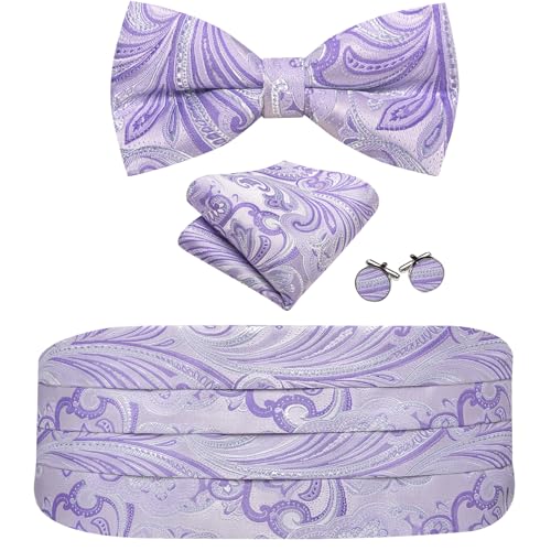 Image of Barry.Wang Men Silk Paisley Cummerbund and Pre-tied Bowtie Handkerchief Cufflink Set for Tuxedo