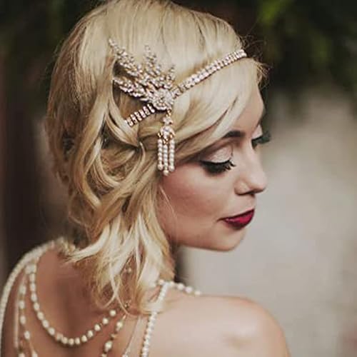 Miniatura 4 de GORTIN Diadema con diseño de hojas de los años 20, tocado de Gatsby, borla de perla, para novia, boda, accesorios para el cabello, cadena para la