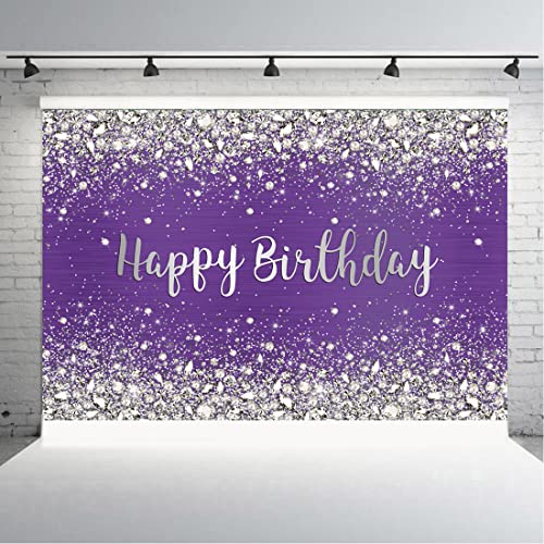 Aperturee 9x6ft Glitter Purple Diamonds Happy Birthday Backdrop Shinning Silver Bokeh Dots Women Girls Photography Background Sweet 16 Party Decorations Cake Table Banner Supplies Photo Booth Studio - image 2
