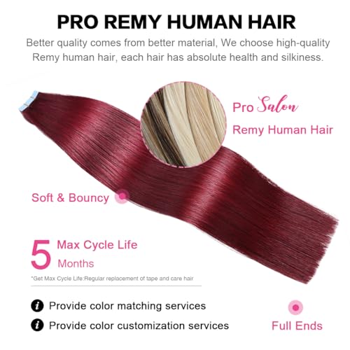 Image of SUYYA Tape In Hair Extensions Human Hair 20 Inch #Burgundy