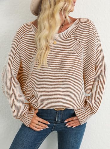 Image of EVALESS Striped Sweaters for Women Boat Neck Batwing Sleeve Oversized Pullover Sweater Tops Womens Fall Clothes Outfits