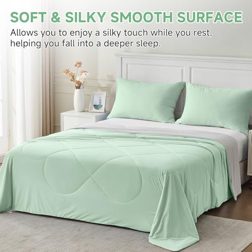 Image of HOMFINE Cooling Comforter Japanese Double-Sided Cold Tech Fabric Cooling Blanket for Night Sweats Hot Sleepers, Q-Max 0.45 Soft Breathable Silky Smooth Lightweight, Green Summer Comforter King