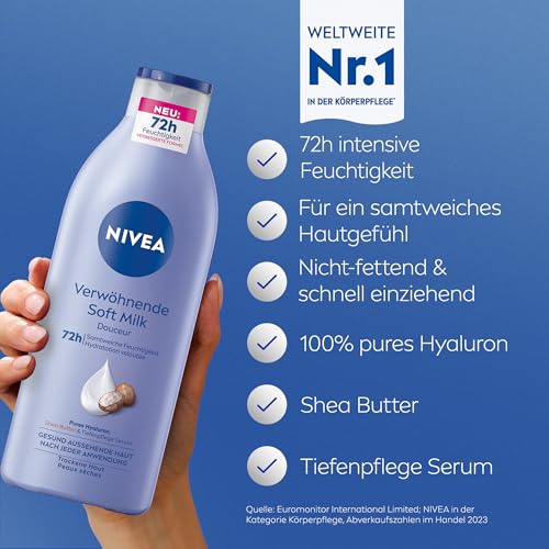 NIVEA Verwöhnende Soft Milk, Body Milk für trockene Haut mit Tiefenpflege Serum, Feuchtigkeitspflege mit Shea Butter und 100% purem Hyaluron (400 ml)
