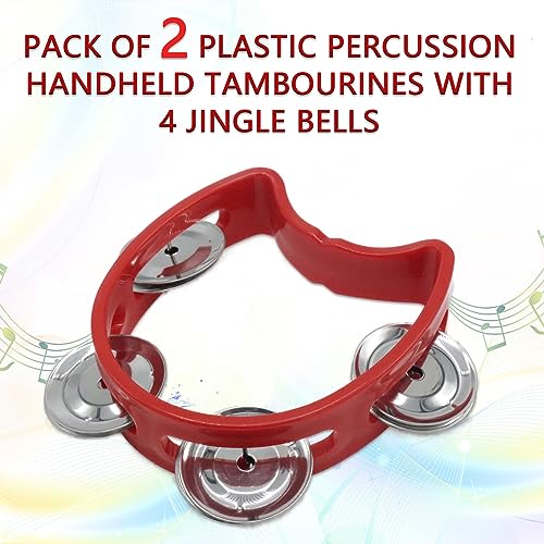Pack of 2 Plastic Percussion Handheld Tambourines with 4 Jingle Bells, Red Mini Hand Bell Percussion, Musical Rhythm Instruments for Kids, Adults, School and Party - Image 3