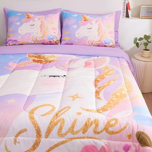 Image of Twin Bedding Sets for Girls 5 Piece,3D Dreamy Lavender Unicorn Comforter Set for Girls, Ultra Soft and Fluffy, Rainbow Bed in a Bag with Comforter Sheets Pillowcase & Sham