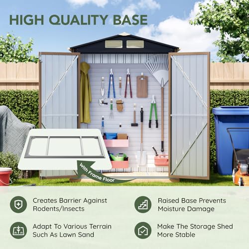 Image of 5x3 FT Outdoor Metal Storage Shed with Floor Frame, Double Door, 1 Clear Window, Tool Shed for Garden, Patio, Backyard Brown