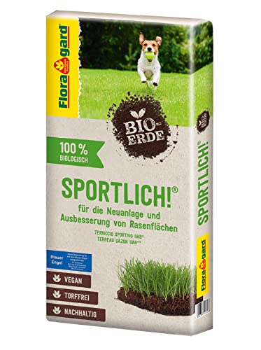 Floragard Bio-Erde Sportlich 40 L – torffreie, vegane Bio-Rasenerde & Rasensubstrat mit lockerer Struktur für Neuanlage, Nachsaat, Pflege & Ausbesserung – fördert schnelle Anwurzelung und Keimung