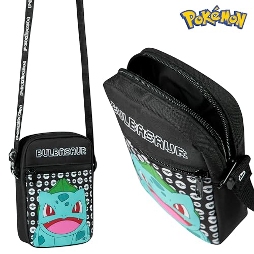 Pokemon Kinder Umhängetasche, Pikachu Reisetasche mit Verstellbarer Schultergurt, Großes Hauptfach mit Reißverschluss Kinder Geschenke (Schwarz Bulbasaur)