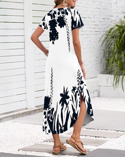 Image of MISFAY Women's Summer Maxi Dress 2026 Casual Short Sleeves V Neck Loose Sundress Split Long Beach T Shirt Dress