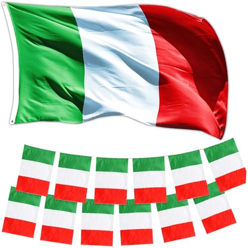 GUSTO Jeu de Drapeaux Italie 90 x 150 cm avec œillets et 2 Guirlandes 20 Drapeaux 14 x 21 cm Résistant Tricolore National Bleu (Set Italie - Drapeau + 2 Guirlandes)