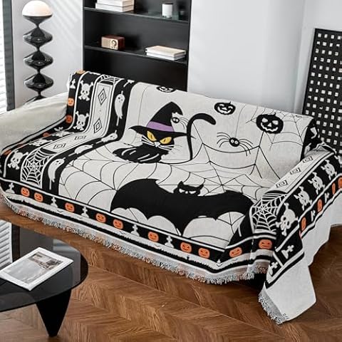EVENHUG Halloween Theme Sofa Covers with Tassels Reversible Couch Cover for Pets Dogs Halloween Home Decoration Sofa Slipcover for 2-3 Cushion Couch Washable Chenille Couch Protector (71" X118") Cover