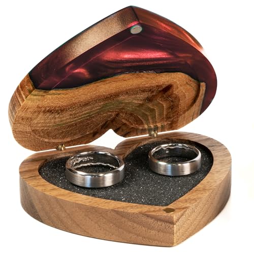 RWA Red Ring Box for Wedding Ceremony - Epoxy and Wood Heart Shaped Ring Jewelry Box - Elegant Handmade Engagement Ring Boxes for Proposal - Unique Wooden Ring Case Box - AMOUR (red)