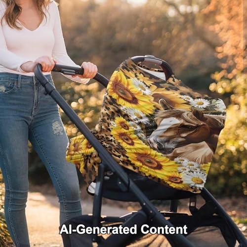 Image of ZFRXIGN Sunflower Horse Baby Car Seat Cover Girls Nursing Scarf Carseat Canopy Gifts Multi-Use Cover Ups for Stroller High Chair Shopping Cart Daisy Leopard Cheetah