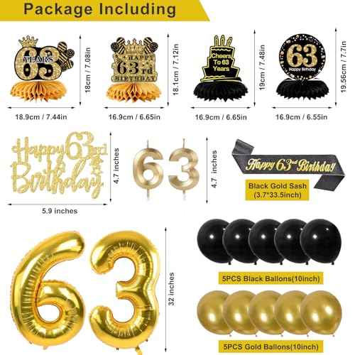 Image of 63rd Birthday Decorations for Men, Black Gold 63rd Party Decoration Kits | 27pcs Happy 63rd Birthday Set, Banner, Honeycomb, Balloons, Gold Number, Candle, Hanging Swirls, Cake Topper, Party Supplies
