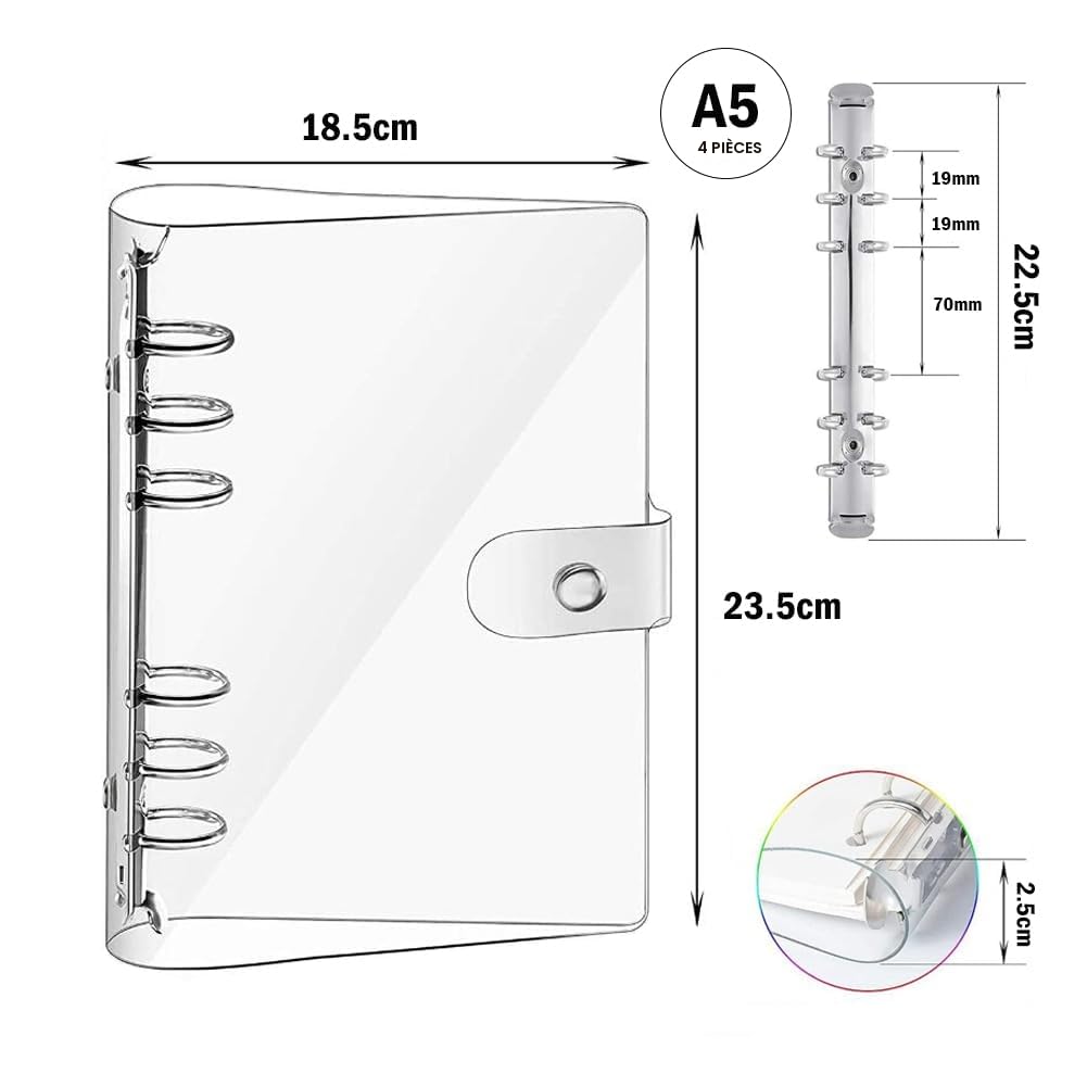 4 Pièces A5 Couverture de Classeur en PVC Souple Transparent Couverture de Protection 6 Anneaux Rechargeable A5 Feuilles Volantes pour Carnet de Notes Classeurs à Anneaux
