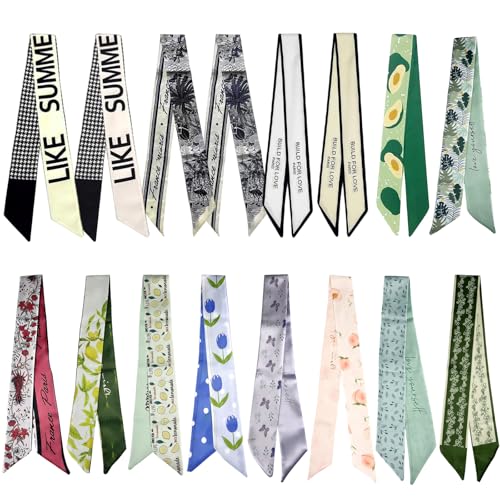 CHUANFU 16 Piezas Bolso Pañuelos Seda 90 x 6 cm, Pañuelos Cuello Mujer Corte Ajustado Satén, Diadema de Satén Colorido y Moda, Silk Scarf para Bolsos, Sombreros y Accesorios para el Cabello