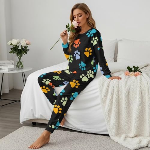 Image of Womens Lounge Set Long Sleeve Soft Pajama Sets Casual 2 Piece Pj Outfit Crewneck Sleepwear with Pockets Plus Size
