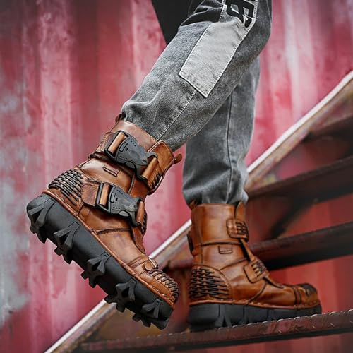 Fashion Men Leather Motorcycle Boots, Winter Street Riding Punk Ankle Boots, Buckle Mid-Calf Work Shoes3