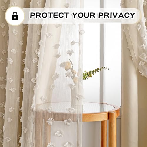 Image of MYSKY HOME Double Layer Curtains for Girls Bedroom Kids Curtain Beige Pom Pom Sheer Window Curtains 2 Panels Beige Curtains Grommet Room Darkening Solid Nursery Curtains 63 Inches Length, W52 X L63