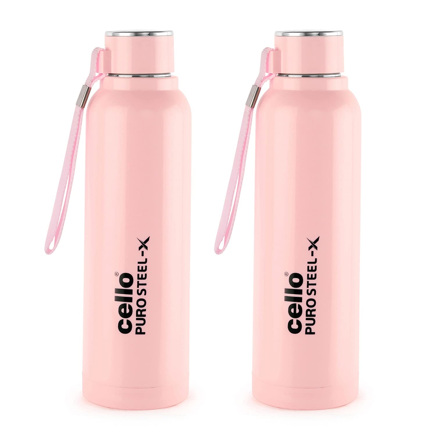 Cello Puro Steel-X Benz 900 PU Insulated Water Bottle Set of 2, 650 ml Each, Pink | BPA Free, Leakproof, ISI Certified |Hot & Cold Bottle for Gym, Office, College, Travel, Camping, Sports & Yoga