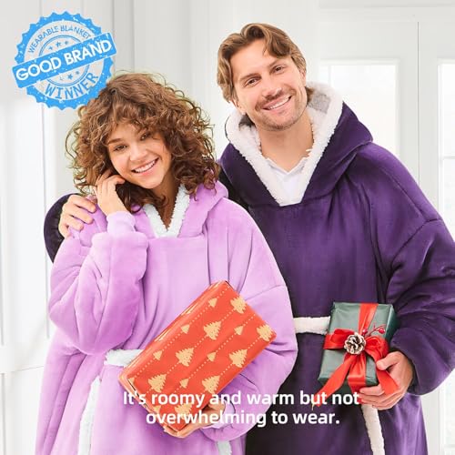 JOYWOO Purple Oversized Wearable Blanket Hoodie, Cat lovers Long Hoodie Blanket for Adult,Birthday Gifts for Women Men Mom,Cozy Fuzzy Sherpa Fleece Hooded Blanket Giant Pocket Gifts,Purple Oversize