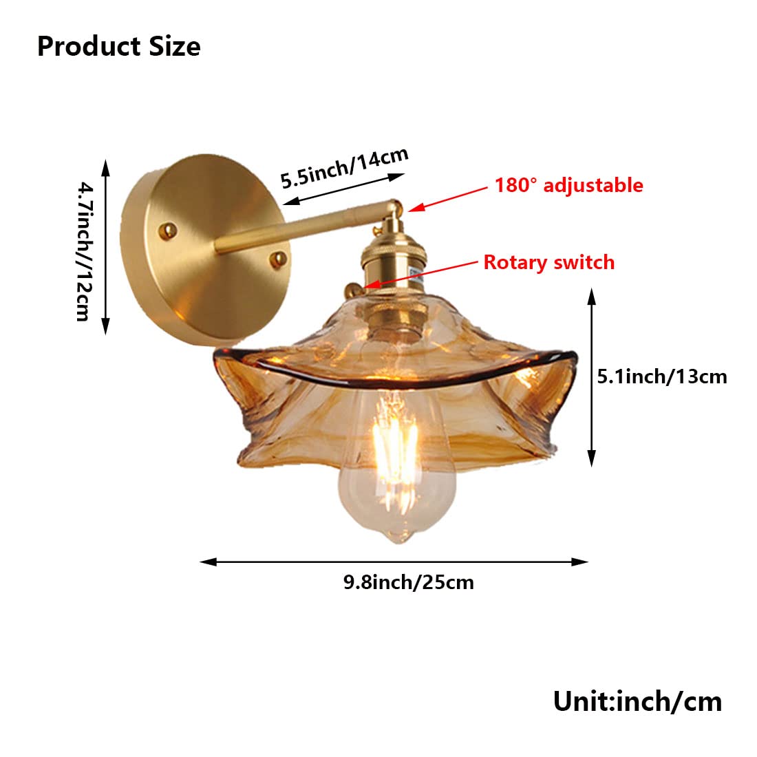 Apliques de Pared Ajustables para Interiores con Pantalla de Cristal marrón, Modernos y creativos, con Interruptor, Base de Hierro E27, Estilo Industrial, Ideales para Dormitorio, Sala de es