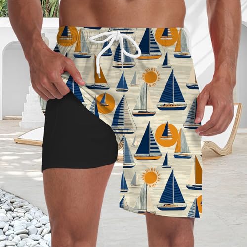 Swim Trunks with Compression Liner - Tropical Mens Swim Shorts,5.5-inch Inseam Vacation Beach Swimwear3