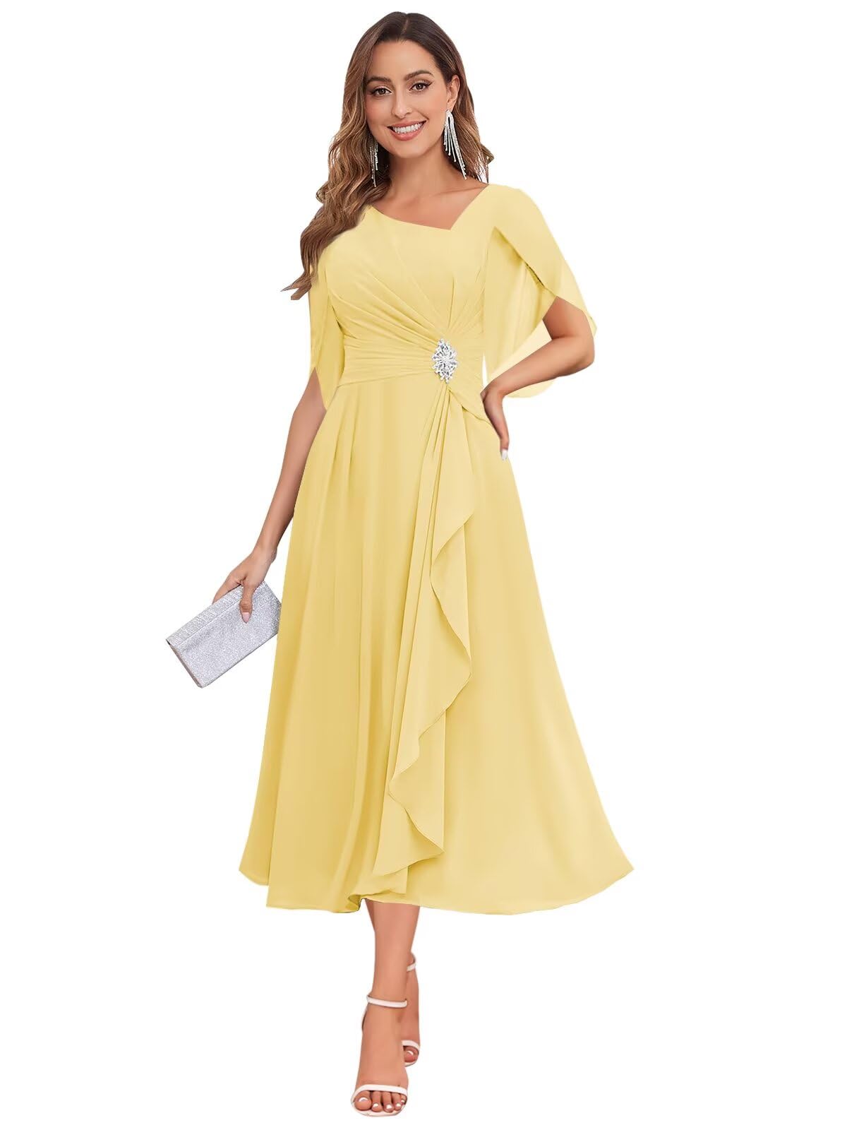 HANVAIOS Tea Length Mother of The Bride Dresses for Women Chiffon Formal Wedding Guest Dress with Sleeves