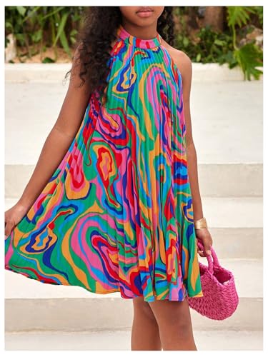 Girl's Graphic Halter Dress Summer Flowy Vacation Sleeveless Pleated Short Dresses3