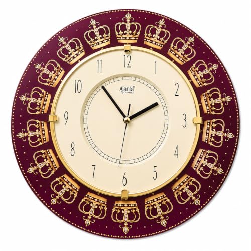 Image of Ajanta Quartz 16-Inch Round Wall Clock (41 x 41 cm) ? Premium Maroon & Gold Royal Crown Design | Decorative Ethnic Wall Watch with Tick-Tack Sound for Living Room, Home and Office