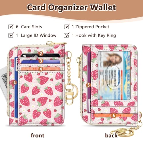 Image of GIANCOMICS Slim Wallet Credit Card Holder Women, Strawberry Rfid Blocking Small Card Case, Keychain Thin Pocket Curved Zipper Wallet, Travel Card Holder PU Leather ID Window, Ladies Female Gifts