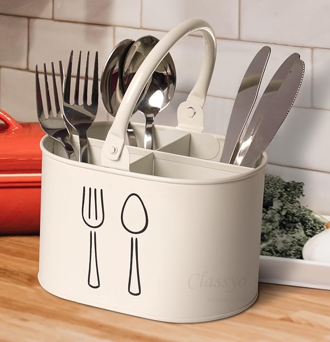 Image of Clazkit Plastic Cutlery Holder for Kitchen Counter | Rust-Resistant Spoon, Fork & Knife Organizer | Multipurpose Utensil Storage Basket | Ivory