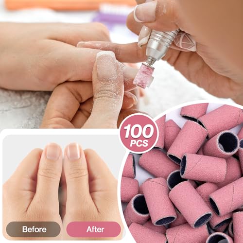 Image of MelodySusie 100 Pcs Nail Drill Bits Sanding Bands for Nail Drill 240 Extreme Fine Grit Nail File Sanding Bands for Acrylic Nails Gel Manicures and Pedicure, Pink