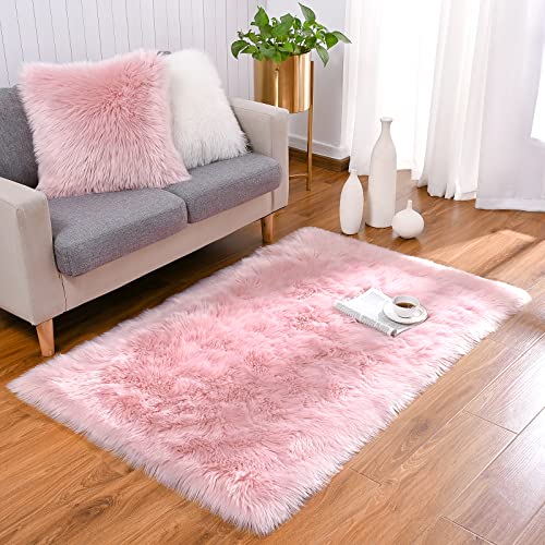 Benron Faux Fur Area Rug - 2' X 3' Pink Fluffy Rug Washable Sheepskin Rug White Fur Rug Ultra Soft Chair Seat Covers Throw Rug Pads Small Rugs For Bedroom Living Room Fireplace Decor #TOP1