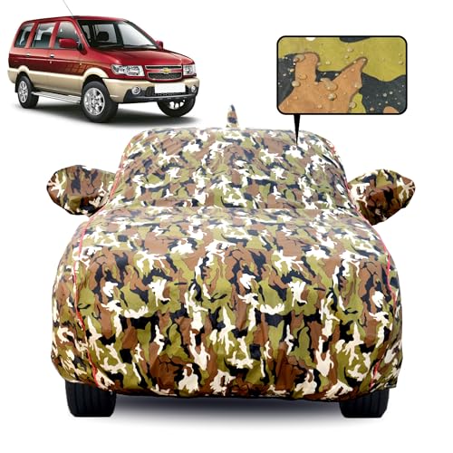 Image of Waterproof Car Body Cover for Chevrolet Tavera with Mirror Pocket, Soft Cotton Lining, Triple Stitched, Full Bottom Elastic (Heat Resistant Jungle Print with Red Piping)