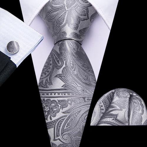 Image of Barry.Wang Men Tie Set Paisley Silk Necktie Pocket Square Cufflinks Formal Wedding Business Party