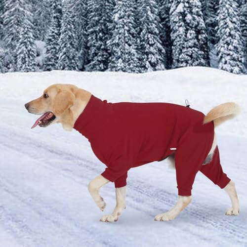 Hjyokuso Hundemantel Winter, Warmer Fleece Hundepullover mit Beinen, Weiche Vierbeinige Hundejacke für Kleine & Mittelgroße Hunde, Hundebademantel Fleece Hunde Pyjama Bekleidung Rot S
