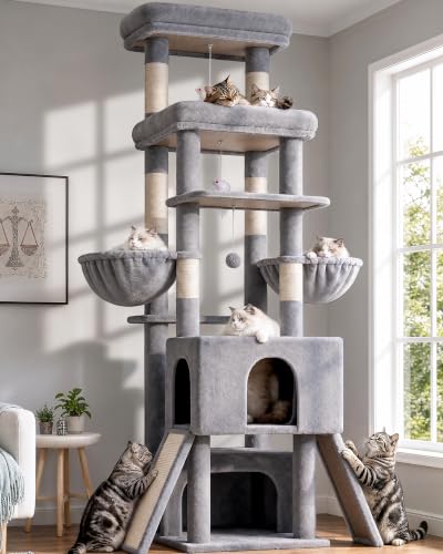 Image of Globlazer Heavy Duty Cat Tree 78 inch Sturdy Cat Tower for 20lbs Large Adult Cats, Symmetrical Aesthetic Big Cat Tree with Extra Large Platform, 2 Scratching Boards, Z78, Light Grey