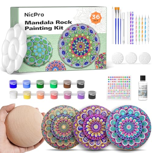 Nicpro Mandala Rock Painting Kit, Dot Arts and Crafts for Adults, Mandala Dotting Tools Kit, Large Wooden Rocks for Painting, DIY, Stencils, Acrylic Paints, Brushes, Dotting Tools for Rocks