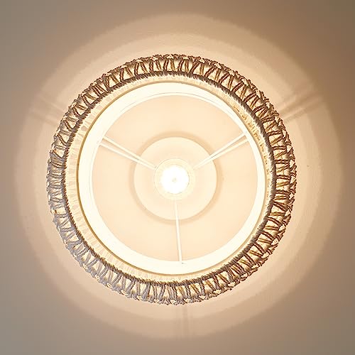 Rattan Ceiling Light Fixtures, Hand-woven Boho Flush Mount Ceilings Light, Handmade Rattan Light Fixtures Ceiling Mount with Fabric Shade, Farmhouse Light Fixture for Bedroom Hallway Entryway (White) - Image 7