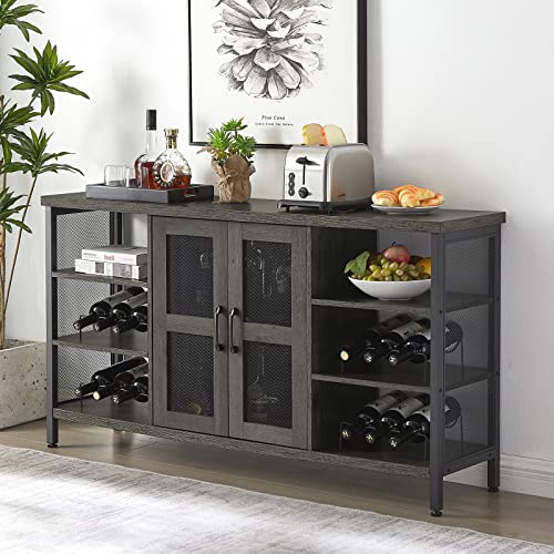Kivenjaja Wine Bar Cabinet, 55” Farmhouse Sideboard Buffet With Removable Wine Rack And Led Light, Industrial Metal Wood Coffee Bar Table With Storage For Home, Kitchen, Dining Room (Dark Grey) #TOP16