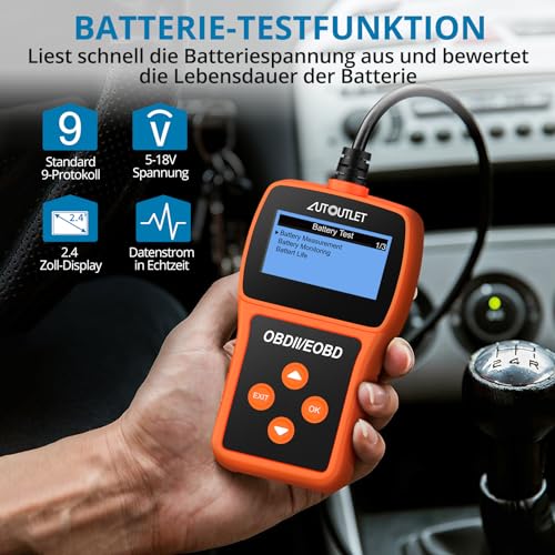 AUTOUTLET OBD2 Diagnosegerät, Auto OBD2 Scanner Codeleser OBD2 EOBD Motor Fehlercodeleser Scanner mit DTC-Definition, 10 Sprachen, Spannungserkennung und -überwachung, KFZ-Fehlercode-Lesegerät