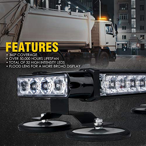 Xprite Amber 32 Led Strobe Flashing Light Bar, 21 Flash Modes 14.5 Inch Emergency Hazard Warning Beacon Lights With Magnetic Base For Tow Vehicles Trucks Car Trailer Tractor Snow Plow Roof Safety #TOP1